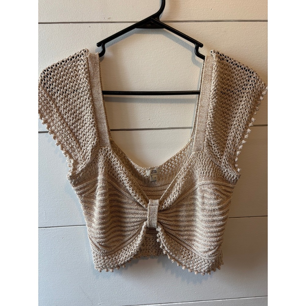 River Island Metallic Knit Bow Front Crop Top Gold Champagne US 8 Boho